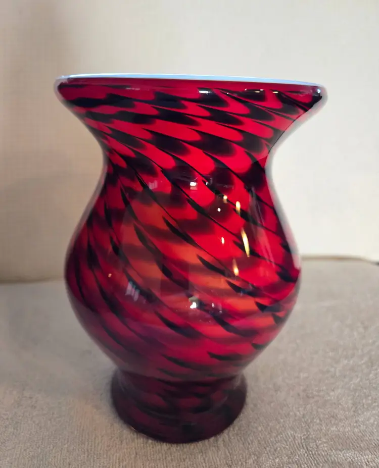 Vintage Hand-Blown Red And Black Swirl Art Glass Vase