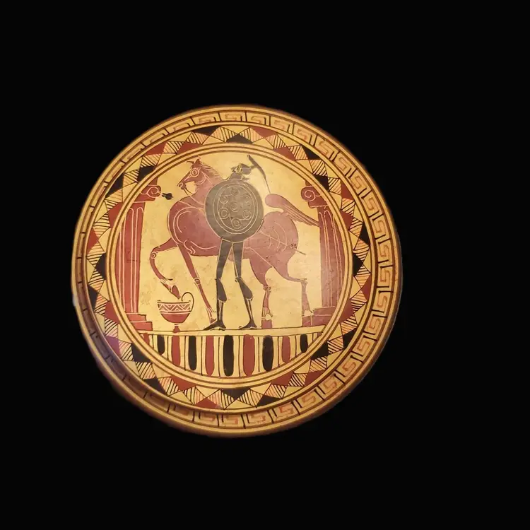 Signed Fontini Terracotta Hand Painted Greek Warrior Trinket box with Geometric Design.