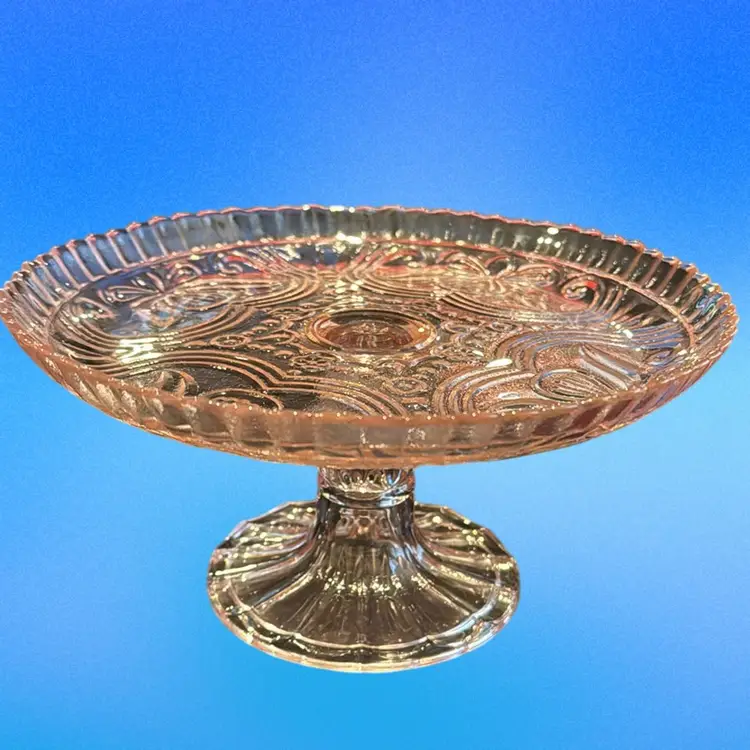 Mosser Inverted Pink Glass Pedestal Cake Stand Scalloped Rimmed Plate