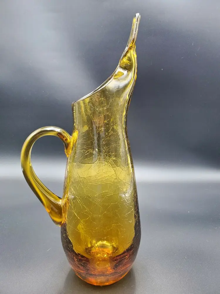 Vintage Bishoff Amber Hand Blown Crackle Glass 14" Pitcher w/ Pinched Spout