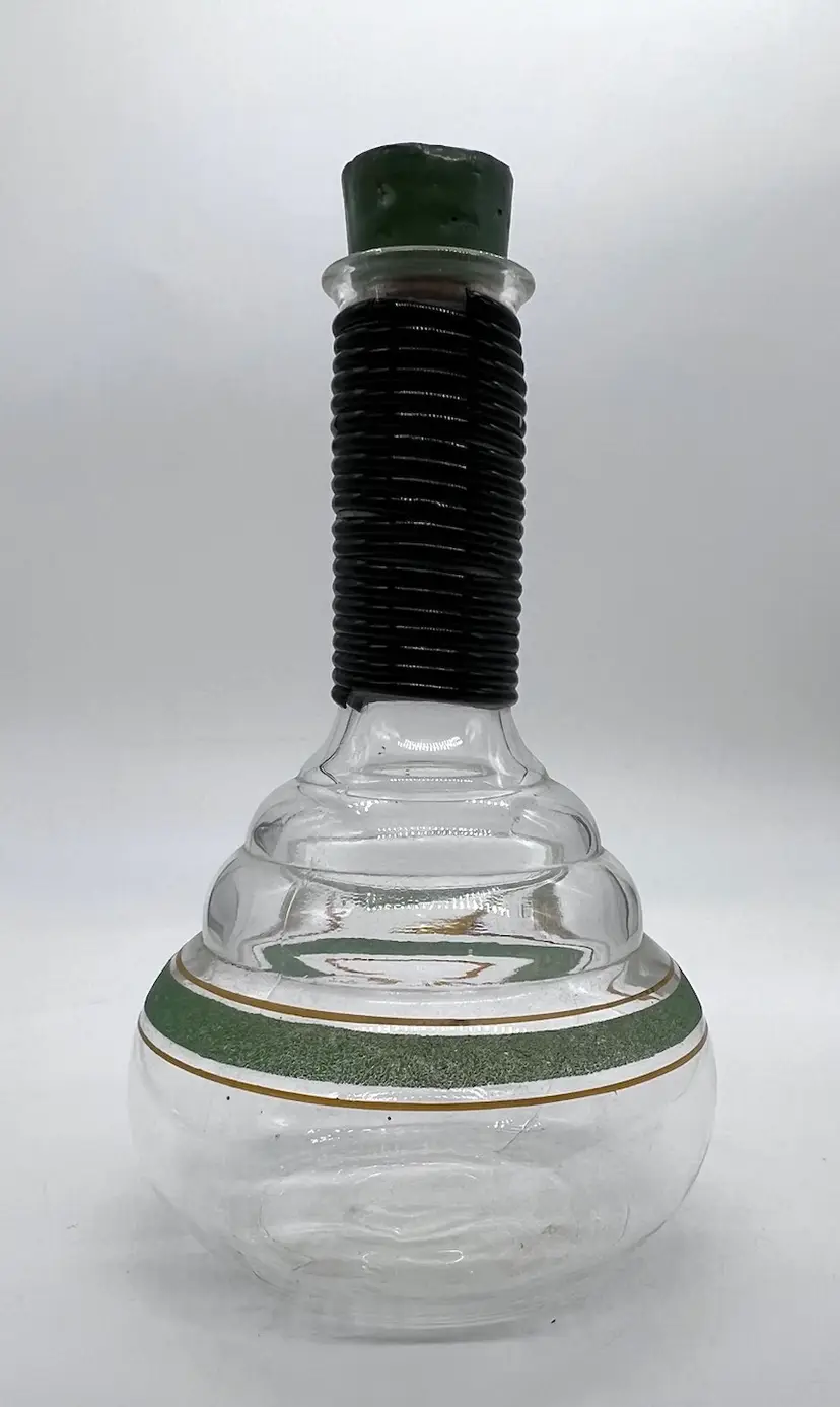 Vintage MCM Ball Bottom Glass Decanter Green Stripe And Cork