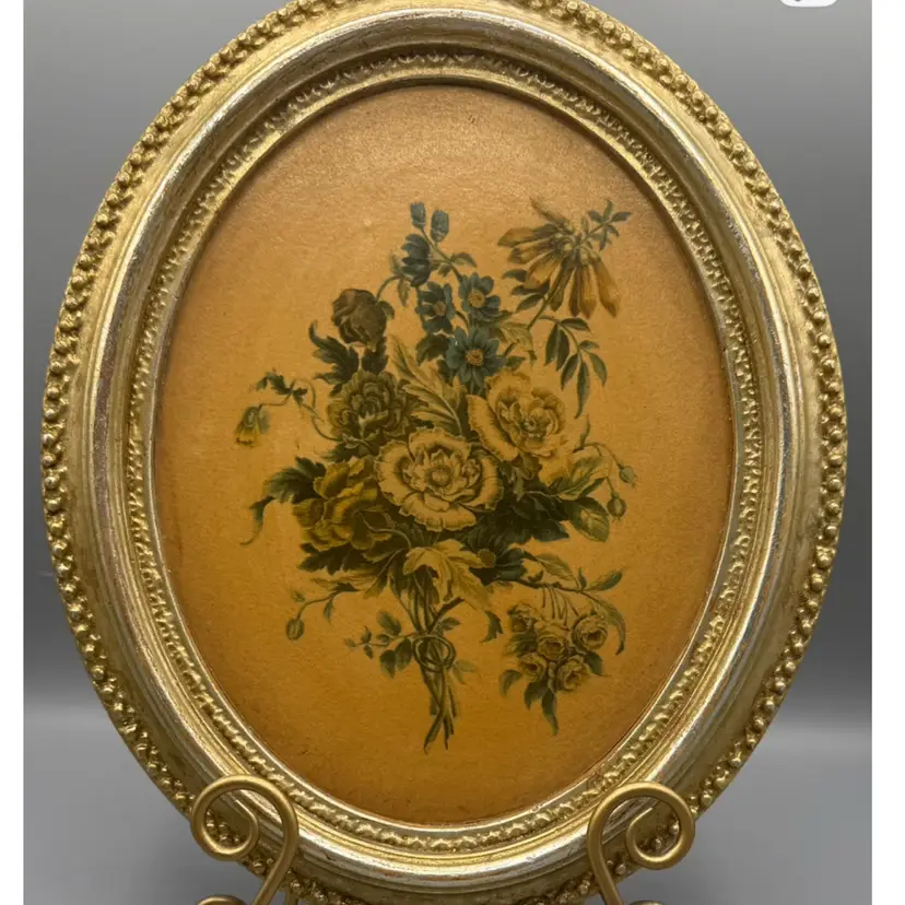 🐞Vtg MCM Borghese Oval Gilt Chalkware Floral Art 10x12”