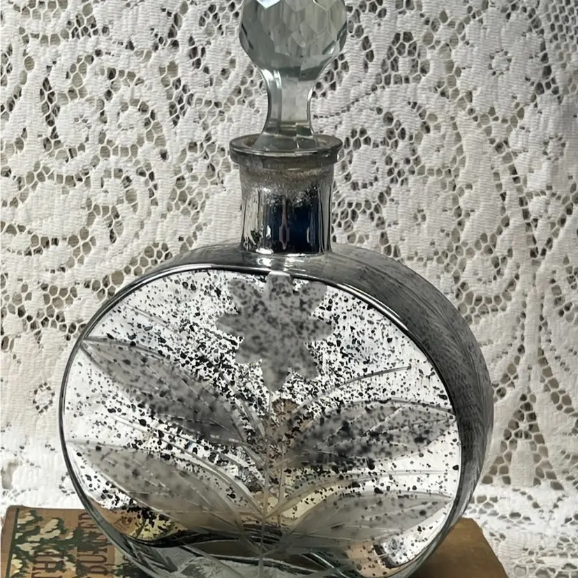 #02 Etched Mercury Glass Art Deco Decanter With Faceted Stopper 9" X 6" X 2.25"