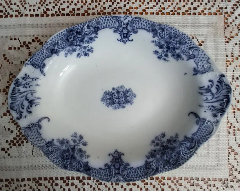 Antique Flow Blue Oval Vegetable Bowl - Keswick by Wood & Son England