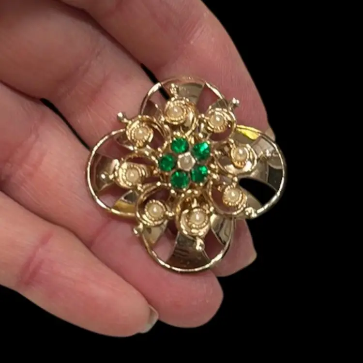Vintage Coro Green Rhinestone & Faux Pearl Gold-Tone Flower Brooch, 1.33”