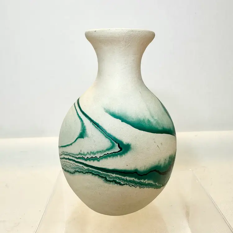 Vintage Native American Nemadji Bisque Pottery Bud Vase Green Swirl Design