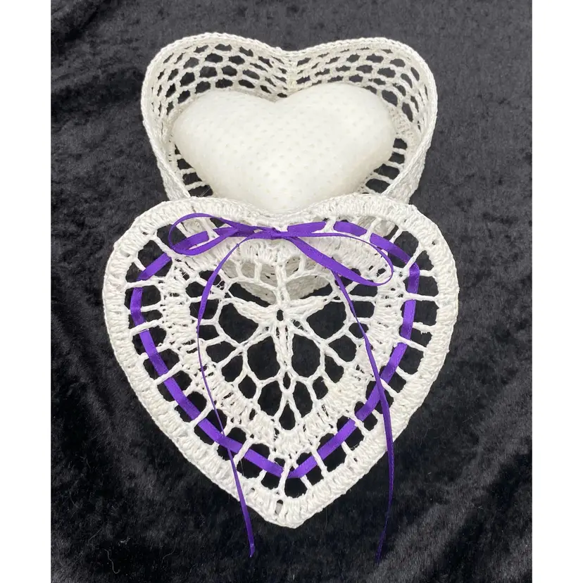 Handmade Crochet Heart-Shaped Basket/Box w/Lid & Pillow Heart, Soft White Purple