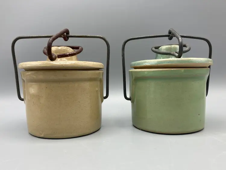 Vintage Cheese Crocks with Clamping Lids - Set of 2 - Light Green and Tan