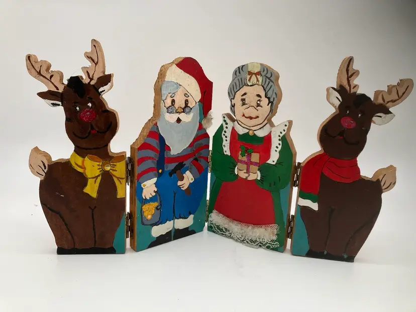 BIN - Wooden Vintage Handmade Folding Santa and Mrs. Claus Reindeer Holiday Christmas Decor
