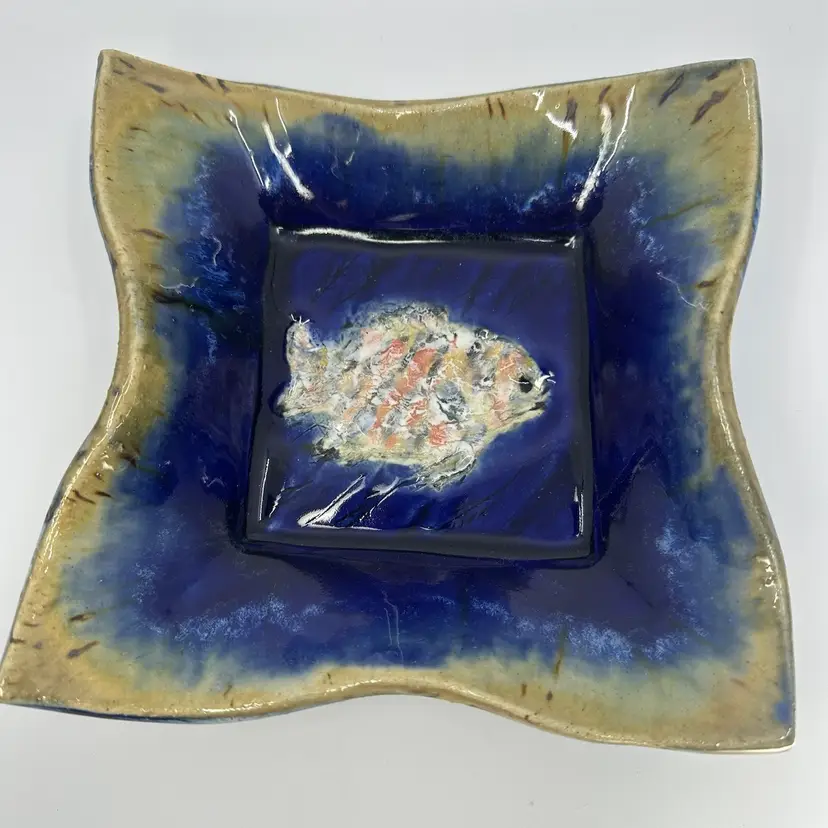Blue Glazed Handpainted Fish Design Decorative Tray Trinket Dish Signed