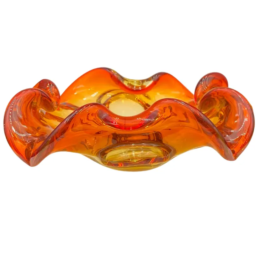 MCM ('50s) Murano Glass Bowl/Ashtray, Bittersweet Orange to Amber, Double Ruffle