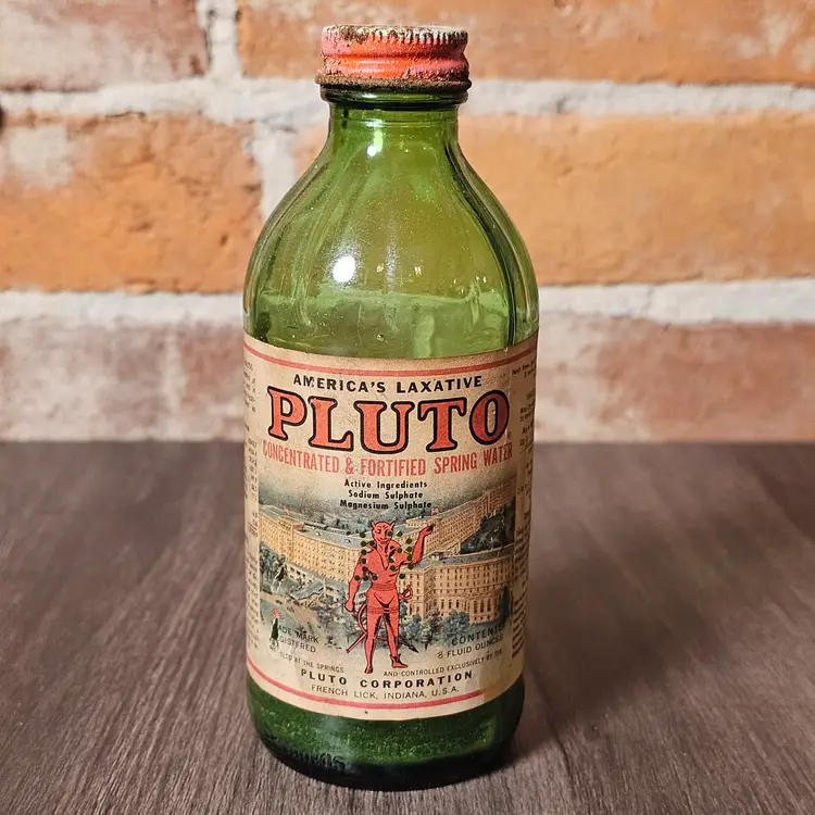 Vintage Pluto Water Bottle French Lick IN Green Glass Laxative Devil Label Apothecary Advertising