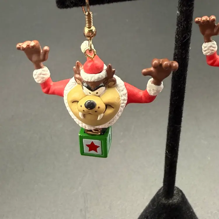 Vintage Taz Earrings '95 Warner Bros Looney Tunes Mini Ornaments Santa Christmas