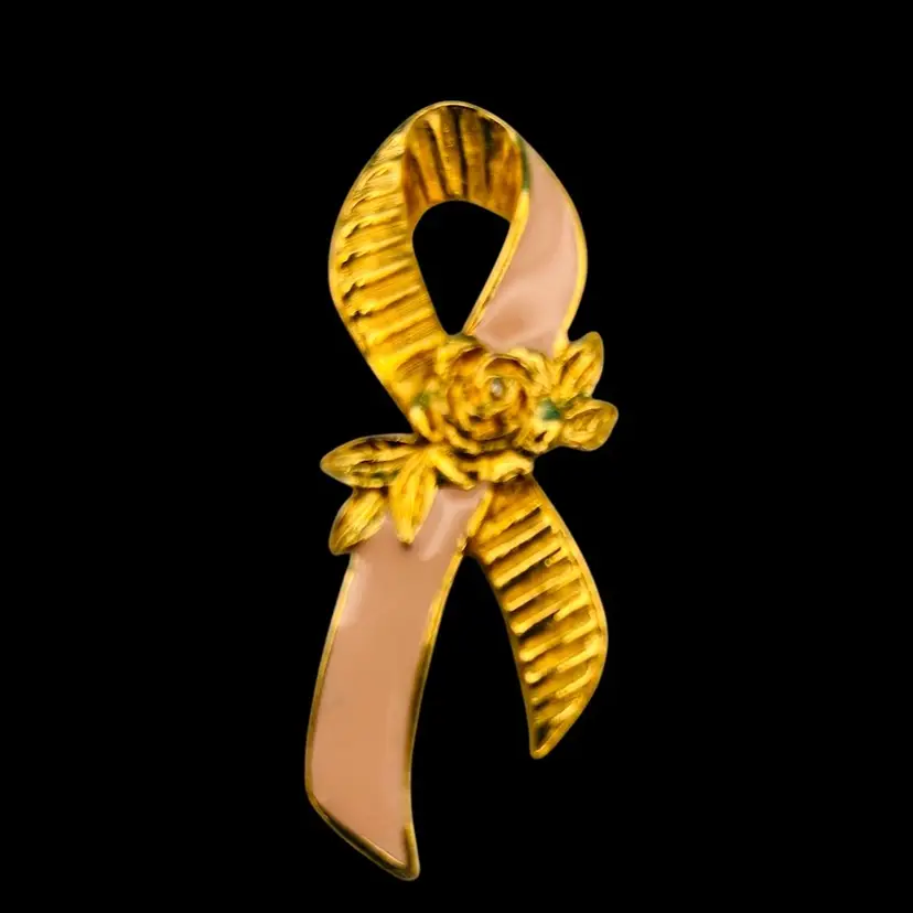 Vintage Avon Pink Ribbon Rose Brooch – Gold Tone with Enamel – 1980s–90s Awareness Pin