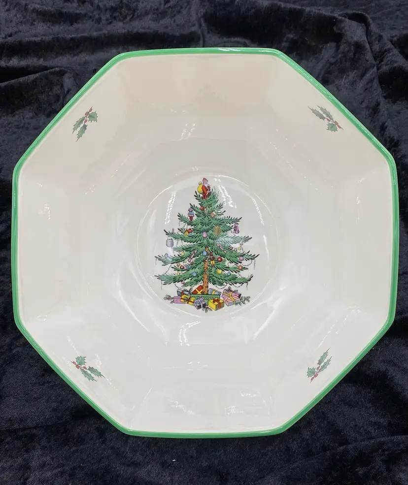 Vintage Spode Christmas Tree-Green Trim Octagonal Serving Bowl, 7", Made in England