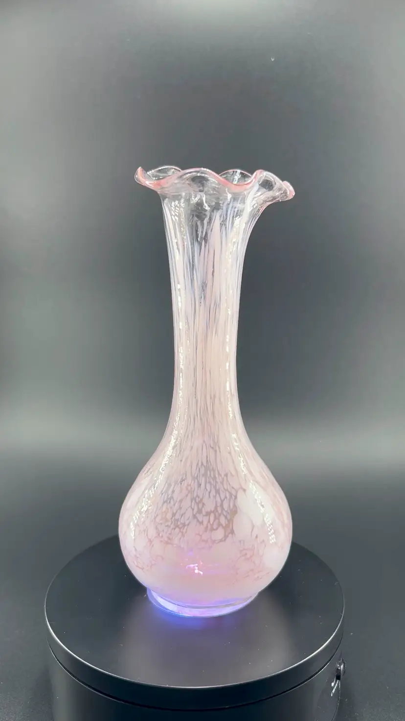 Hand Blown Glass Pink And White Vase With Ruffle Top