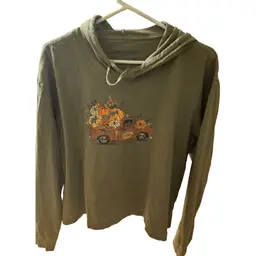 Life is Good. Women's L/S Fall Flowers & Pumpkins Pickup Crusher Tee Green Large