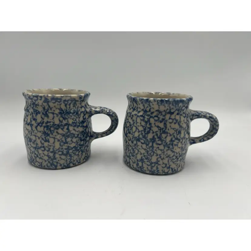 Roseville Pottery Blue Spongeware Mugs (2)