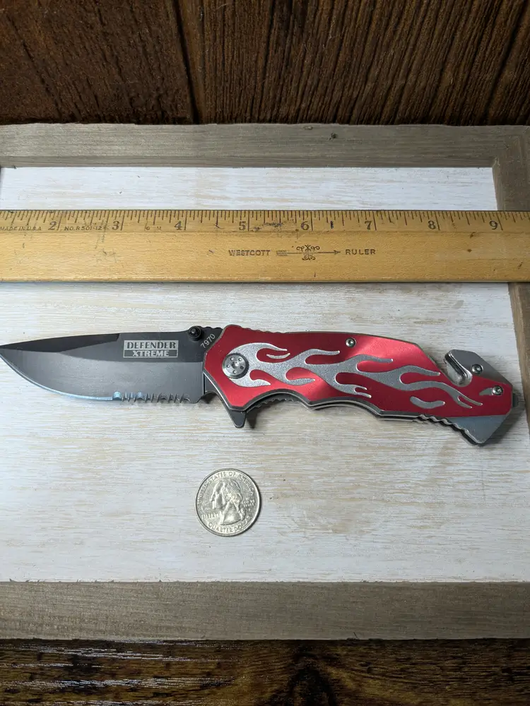 Defender Xtreme Foldable Pocket Clip Knife Red Silver Fire