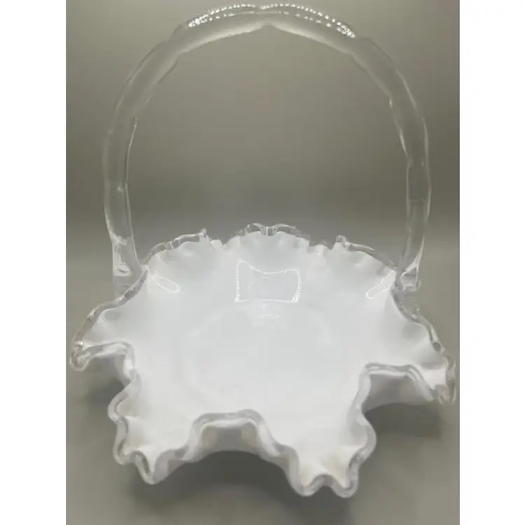 #03 Vintage Fenton Silver Crest Milk Glass Basket Ruffled Edges and Clear Handle ~ Elegant Home Decor ~ 7.25 inches Tall
