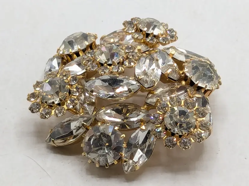 Vintage Gold Tone Rhinestone Brooch Bridal Jewelry