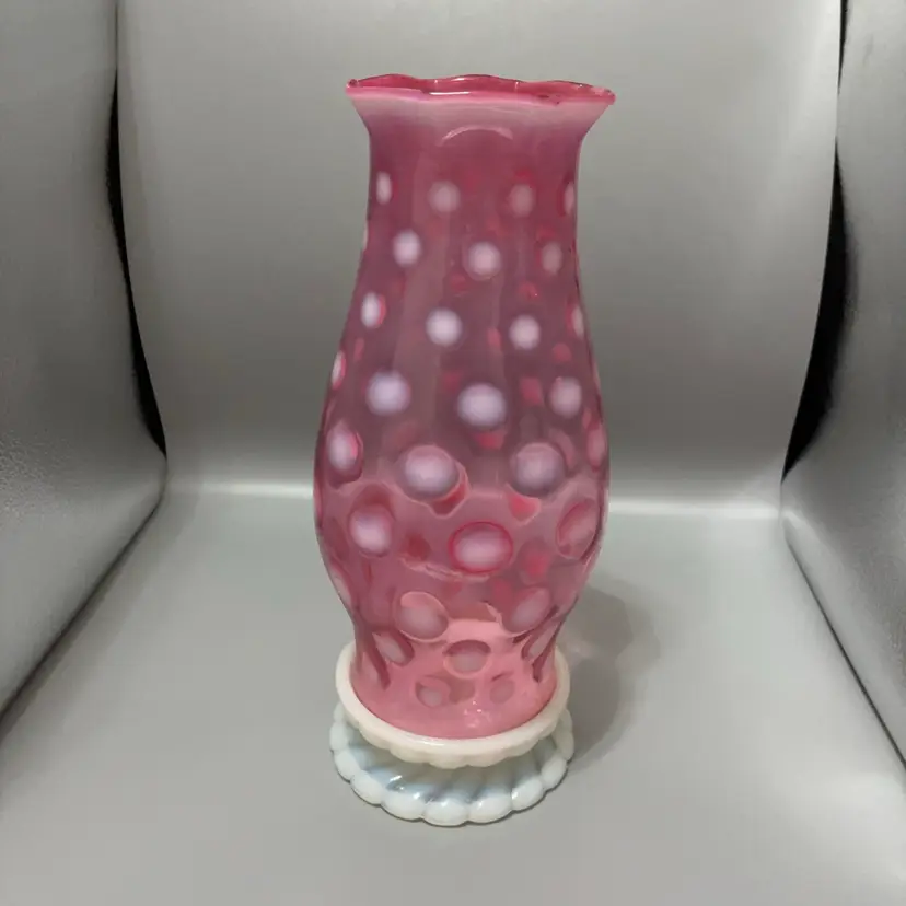 FENTON DOT OPTIC CRANBERRY OPALESCENT HURRICANE LAMP 10.5”As Is See All Pics