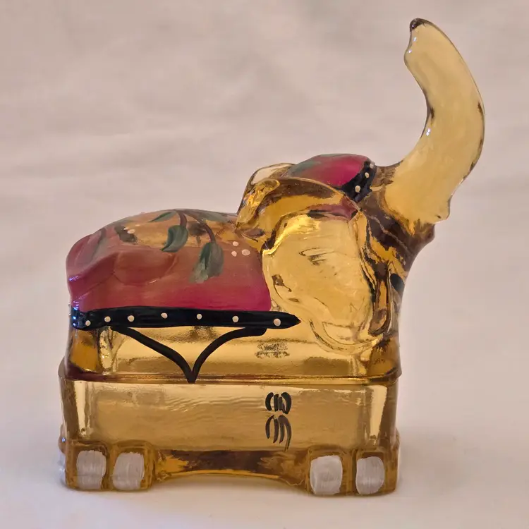 Fenton Art Glass Handpainted Autumn Gold Elephant Trinket Box / Ring Holder Signed