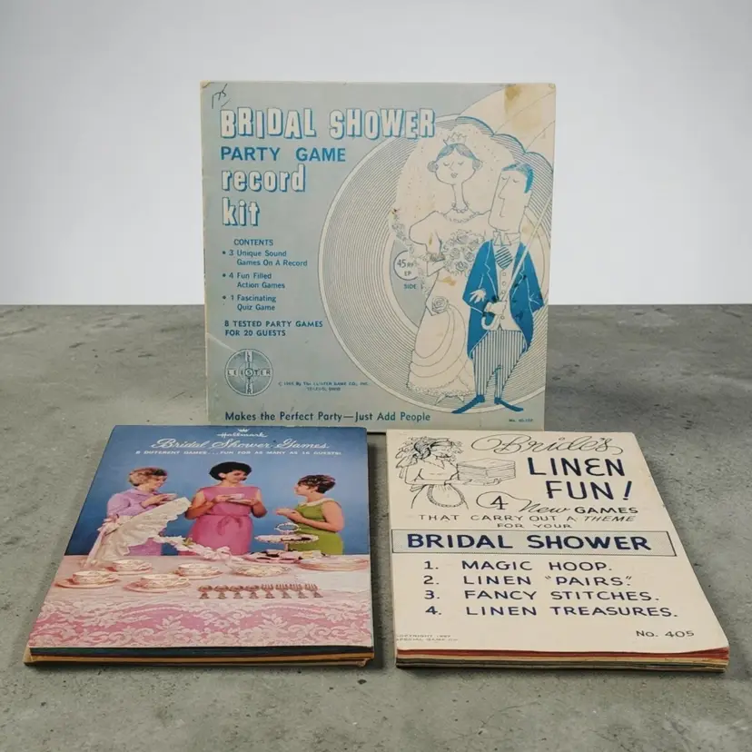 Vtg Bridal Wedding Shower Games Lot Of 3 Record Kit, Hallmark, Linen Fun 1960s