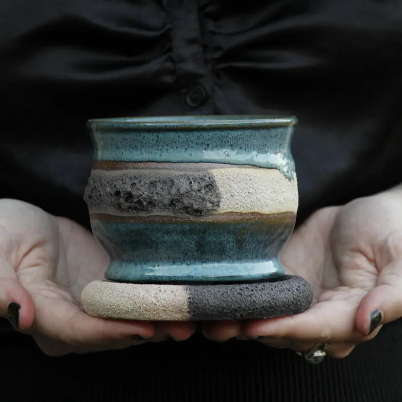 Luna's Aqua Blue and Banded Moon Glaze Planter and Underplate, 4.25" width