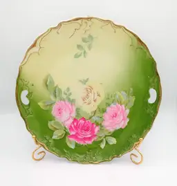 Vintage Wheelock Hand-Painted Platter Roses Gold Gilt, Scalloped, Handles