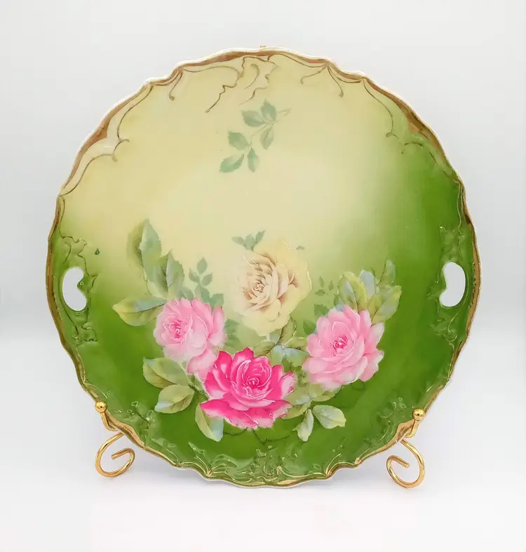 Vintage Wheelock Hand-Painted Platter Roses Gold Gilt, Scalloped, Handles