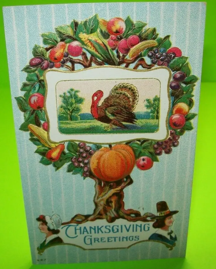 Thanksgiving Postcard Vintage Embossed Tree Of Life Pilgrims Series 927 Unused