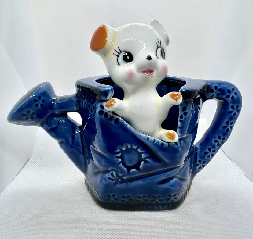 Blue Watering Can with Peeking Puppy Dog Ceramic Planter Made in JAPAN