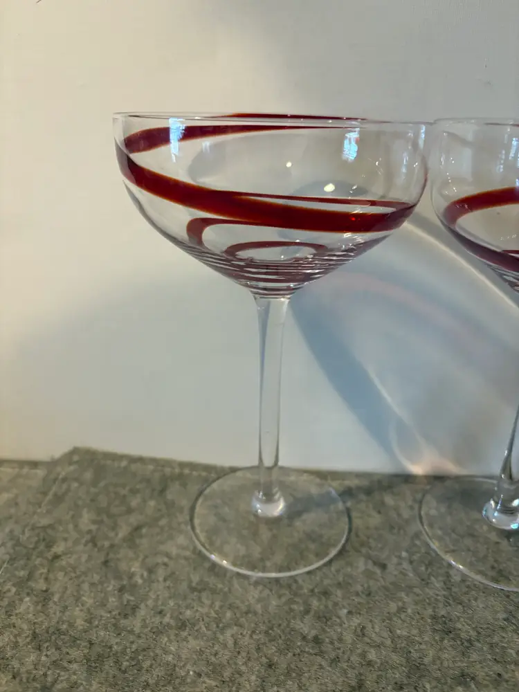 2 Red Swirl Design Margarita Glasses