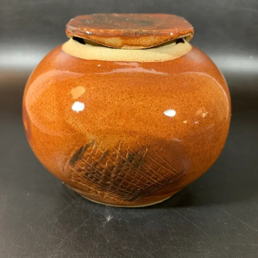 CDF Pottery Carved Geometric Designed With Lid Marked