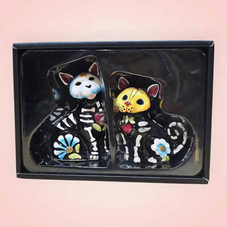 Blue Sky Decor of the Dead Dog & Cat Salt & Pepper Shakers Sugar Skull Skeleton