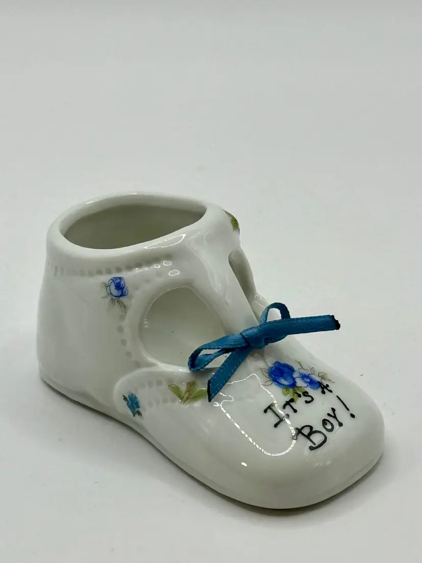 Vintage Miniature Ceramic Baby Shoe Planter, 'It's a Boy!' Blue Floral Motif, Collectible Nursery Decor, Unbranded