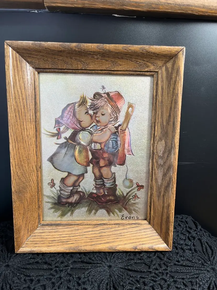 Hummel-by Evans-3D Children-Girl Giving Boy a Kiss. Professionally Framed in Oak.