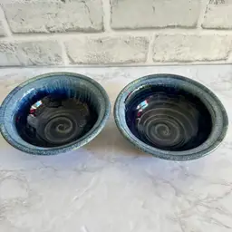 Pair Handmade Blue Glaze Pottery Bowls Rustic Drip Glaze 5.5” Excellent