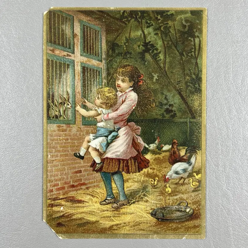 Antique Lion Coffee Victorian Trading Card Kids Chickens Rabbits Rooster Farm 6.75x4.75"