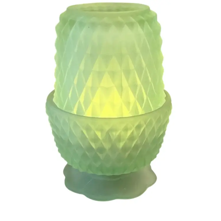 Vintage Indiana Glass 2-piece Diamond Point HTF Frosted Green/Satin Mint Fairy Lamp  5 1/4” X 3 1/2”