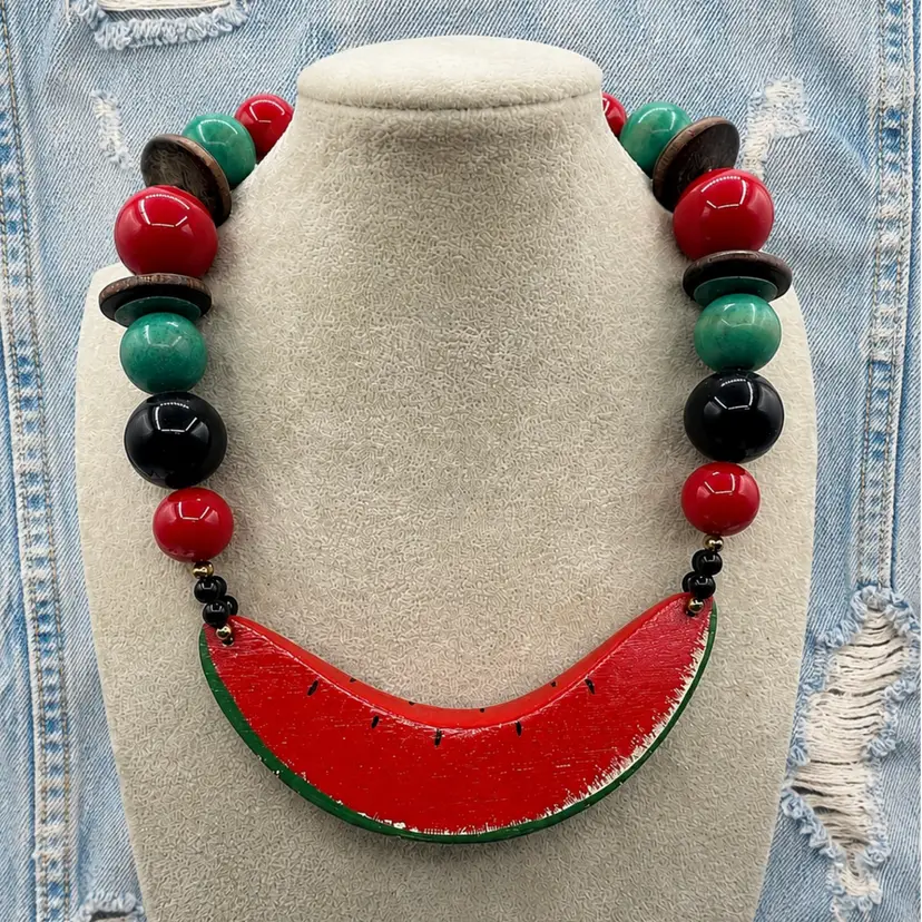 Summer - #J38 - Vintage Carolyn C Tanner Wooden Watermelon Fruit Necklace 🍉