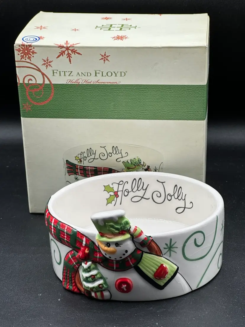 Fitz and Floyd Holly Hat Snowman White Embossed Sentiment Bowl In Original Box