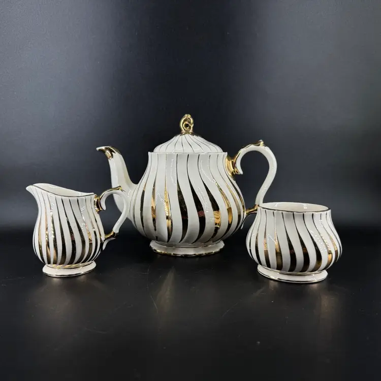 Sadler England Swirl Porcelain Tea Coffee Pot Sugar & Creamer Gold Swirl Vintage