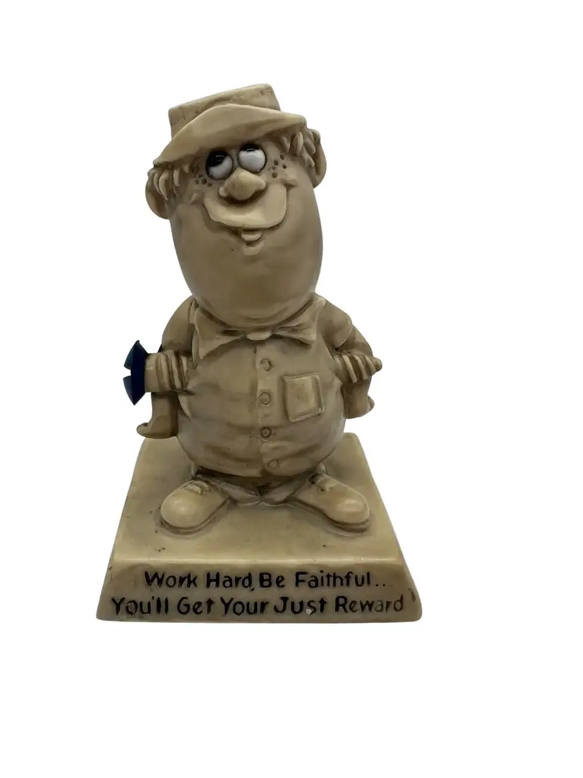 Vintage 1969 Russ Wallace Berrie “Work Hard Be Faithful” Novelty Figurine 4.5"