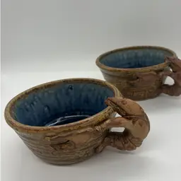 Pair Of 2013 Wortman Pottery Crawfish Handle Bowls Blue Swirl Glaze Louisiana Cooking