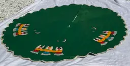 Vintage Christmas Tree Skirt Green Felt Hand Sewn Applique Angels Scalloped READ