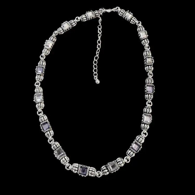 Silvertone Metal Light Blue And Purple
Square Glass Stone Necklace 16” + 3” Extender