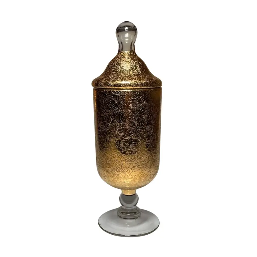 Vintage Glastonbury Lotus Glass 983-1 Gold Encrusted Covered Candy Jar Dish w Lid 8.75"