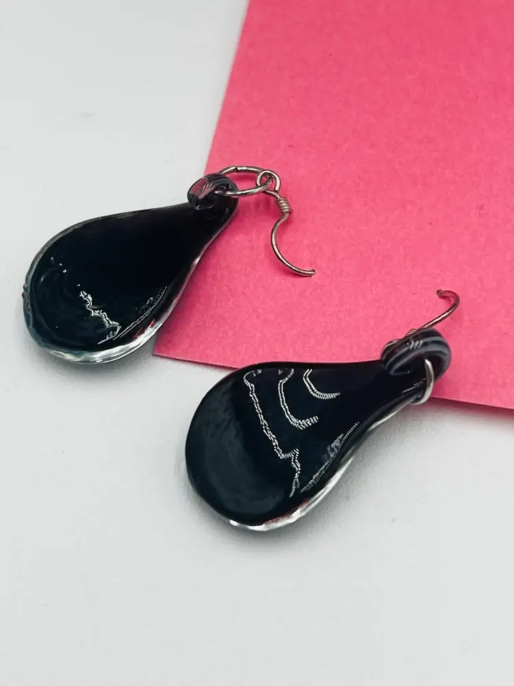 Glass Lampwork Earrings Blue Flower Gold Shimmer.